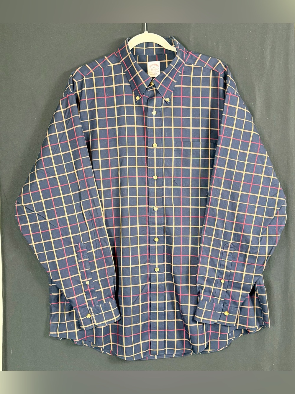 Brooks Brothers Navy Windowpane Button-Down Shirt with Cream and Red Grid XL
